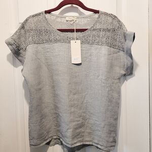 Linen Gray Women's Blouse with Lace Accents Short Sleeve S NWT Fairy Cottagecore